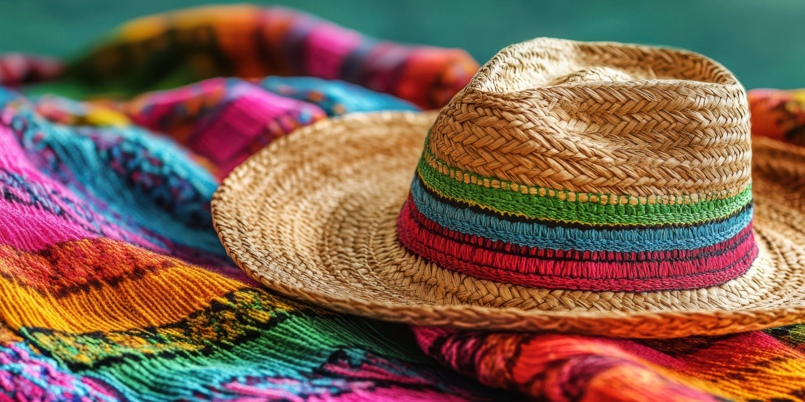 Colorful woven fabric and traditional straw hat create a vibrant display of culture and artistry in a warm, inviting setting